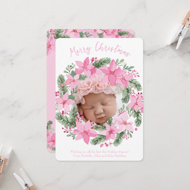 Pink New Baby Foto Weihnachtskarte Giro del Malcan Einladung (Vorderseite/Rückseite Beispiel)