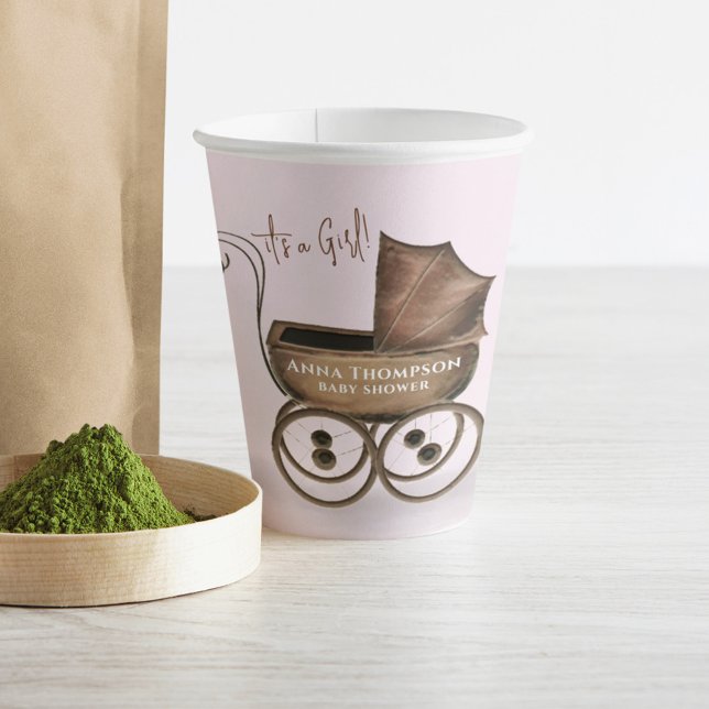 Pink Niedlich Baby Girl Dusche nach Maß Pappbecher (Cute baby girl pink watercolor paper cup)