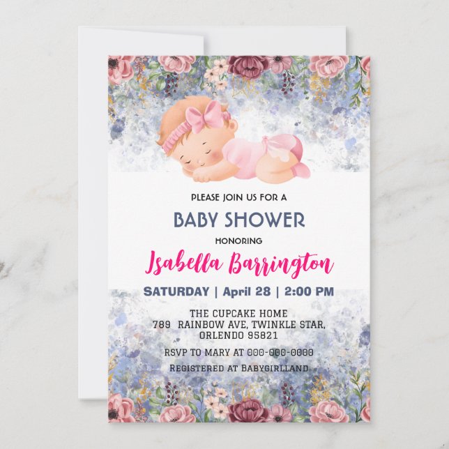 Pink Niedlich Baby Girl Rose Blume Babydusche Kind Einladung (Vorderseite)