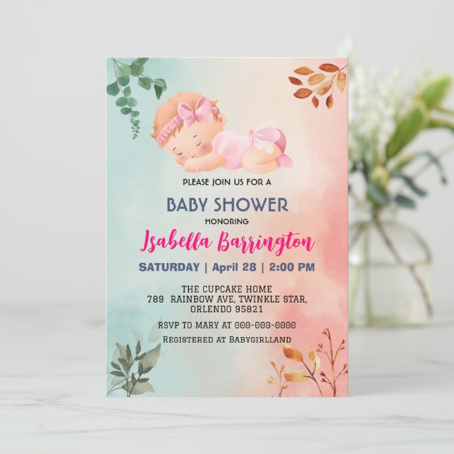 Pink Niedlich Baby Girlleder Blume Babydusche Kind Einladung (Stehend Vorderseite)