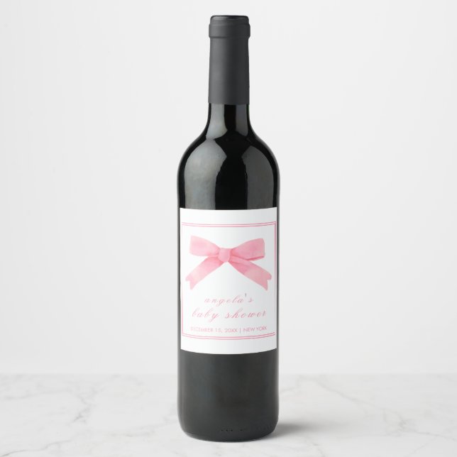 Pink Niedlich Bow Girl Babydusche Weinetikett (Vorderseite)