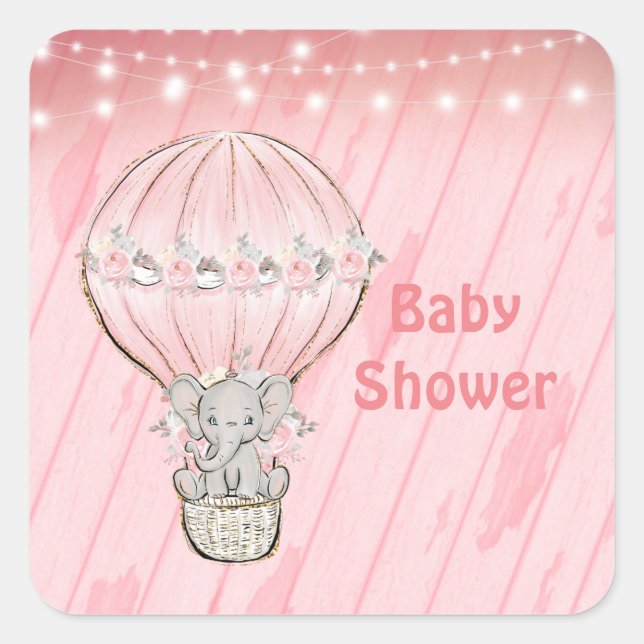 Pink Niedlich Elephant Hot Air Ballon Babydusche Quadratischer Aufkleber (Vorderseite)