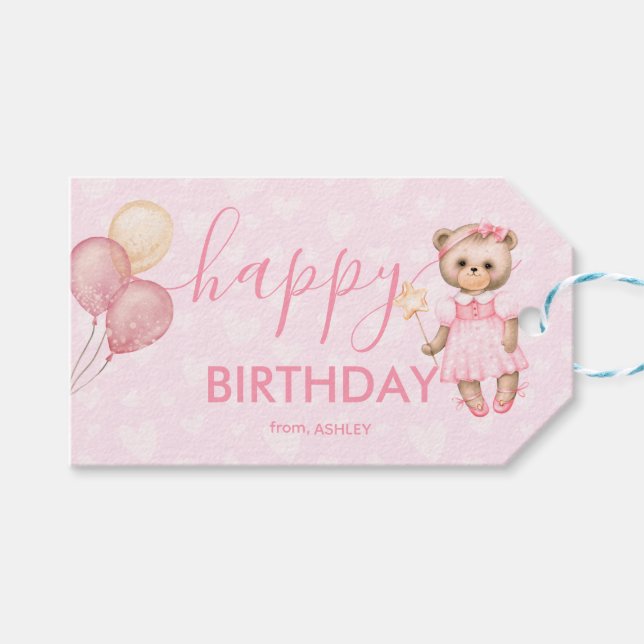 Pink Niedlich Happy Birthday Kids Geschenkanhänger (Vorderseite (Horizontal))