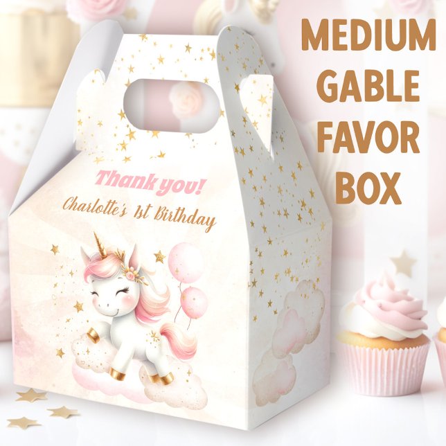 Pink Niedlich Happy Unicorn Girl Birthday Medium Geschenkschachtel (Cute Unicorn Medium Gable Favor Boxes - You can choose from 3 sizes of these gable favor boxes)
