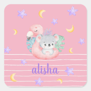 Pink Niedlich Koala Kinder Personalisierter Name Quadratischer Aufkleber