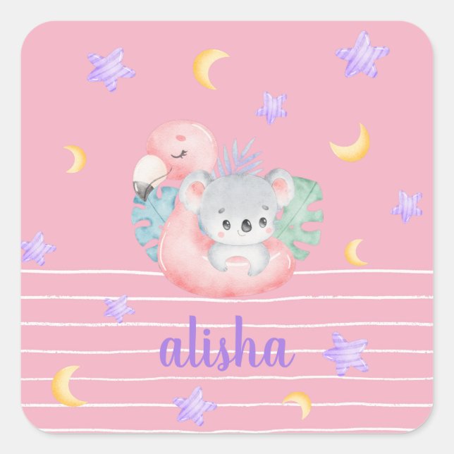 Pink Niedlich Koala Kinder Personalisierter Name Quadratischer Aufkleber (Vorderseite)