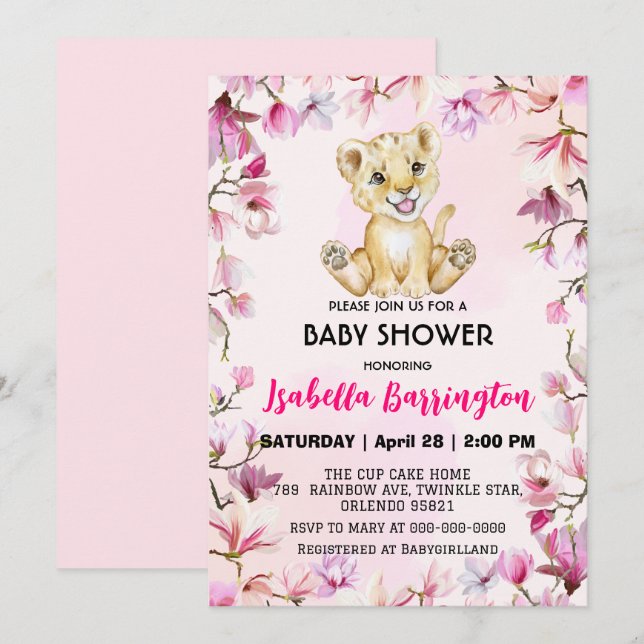Pink Niedlich Lion cub Wild Blume Baby Dusche Kind Einladung (Vorne/Hinten)