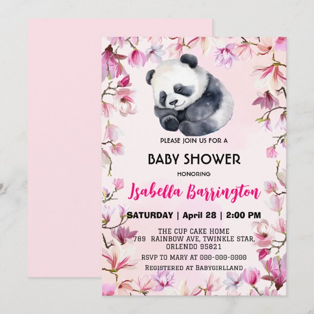 Pink Niedlich Panda Blume Babydusche Kinder Einladung (Vorne/Hinten)