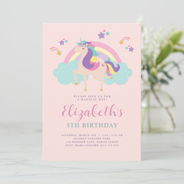 Pink | Niedlich Rainbow Unicorn Personalisiert Geb Einladung (Stehend Vorderseite)