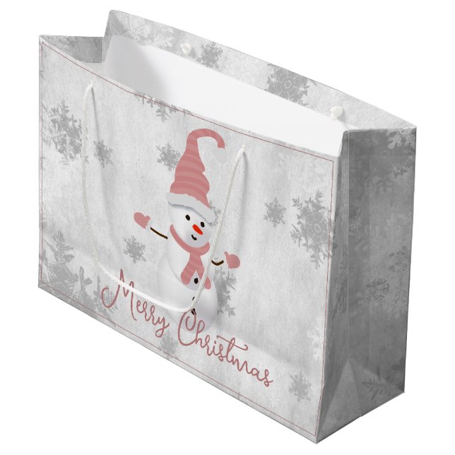 Pink Niedlich Snowman Holiday Geschenktasche Große Geschenktüte (Vorderseite Schrägansicht)