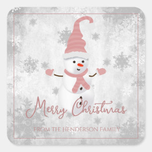Pink Niedlich Snowman Weihnachtsaufkleber Quadratischer Aufkleber