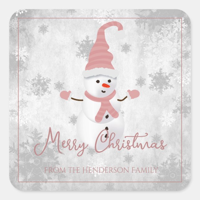 Pink Niedlich Snowman Weihnachtsaufkleber Quadratischer Aufkleber (Vorderseite)