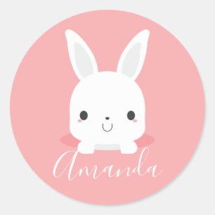 Pink Niedliches Kaninchen mit Individuelle Name Runder Aufkleber