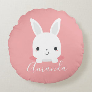 Pink Niedliches Kaninchen mit Individuelle Name Rundes Kissen