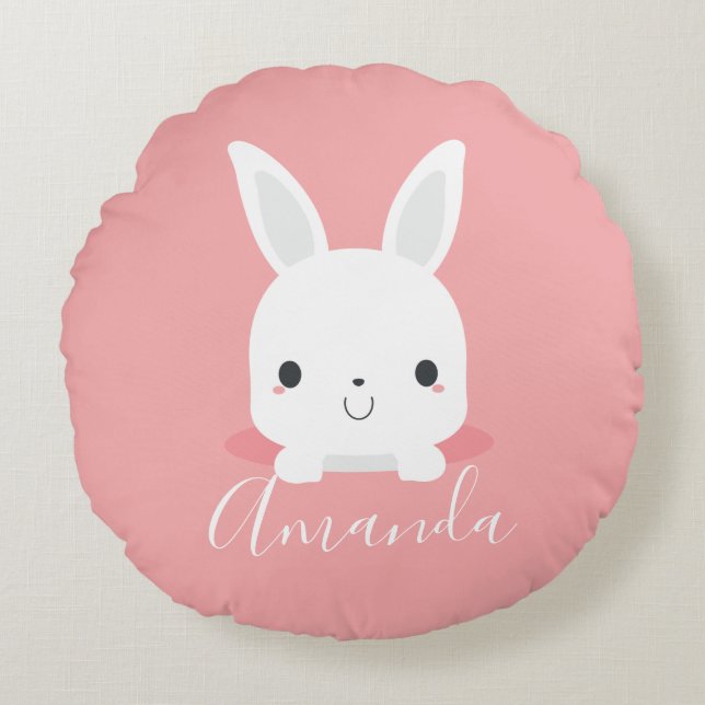 Pink Niedliches Kaninchen mit Individuelle Name Rundes Kissen (Vorderseite)