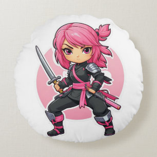 Pink Ninja Girl Rundes Kissen