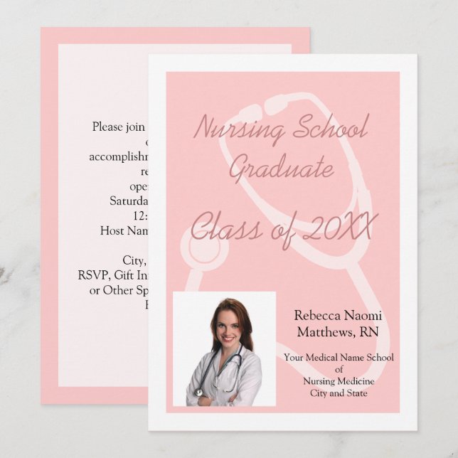 Pink Nursing School Photo Graduation Announcement Einladung (Vorne/Hinten)
