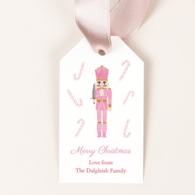 Pink Nutcracker Ballet Toy Soldaten glückliche Tag Geschenkanhänger (Nutcracker with pink uniform and candy canes merry christmas gift tags)