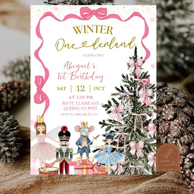 Pink Nutcracker Christmas Onederland Birthday Einladung (Von Creator hochgeladen)