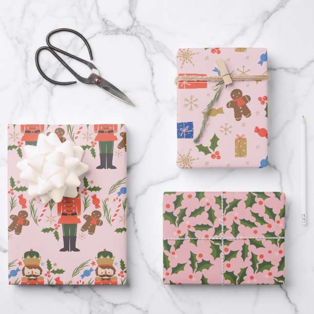 Pink Nutcracker Gingerbrett Mann Weihnachtsfeierta Geschenkpapier Set (Vorderseite)