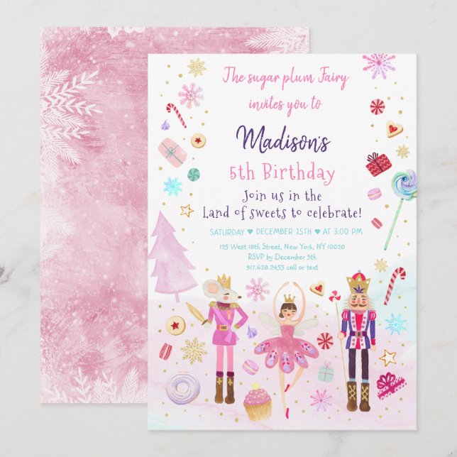 Pink Nutcracker Land der Süßigkeiten Winter Geburt Einladung (Vorne/Hinten)