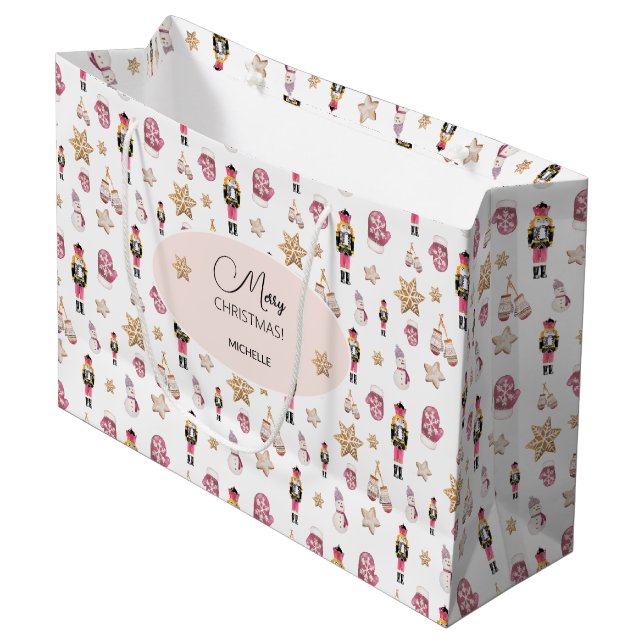 Pink Nutcracker Sugar Land Watercolor Personalisie Große Geschenktüte (Vorderseite Schrägansicht)