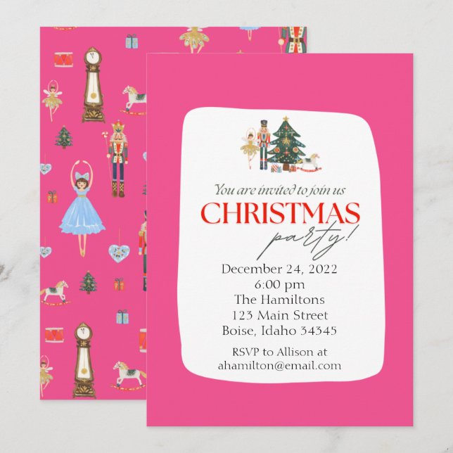 Pink Nutcracker Weihnachts-Party Einladung (Vorne/Hinten)