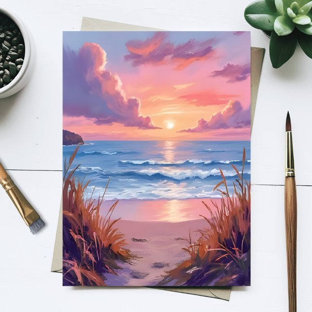 Pink Ocean Sunset Beach Watercolor Painting Card (Von Creator hochgeladen)