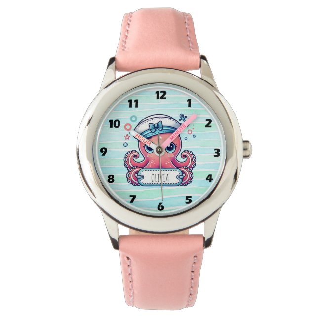 Pink Octopus Holtname-Zeichen Armbanduhr (Vorderseite)
