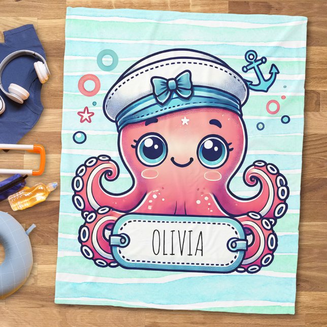 Pink Octopus Holtname-Zeichen Fleecedecke (Von Creator hochgeladen)