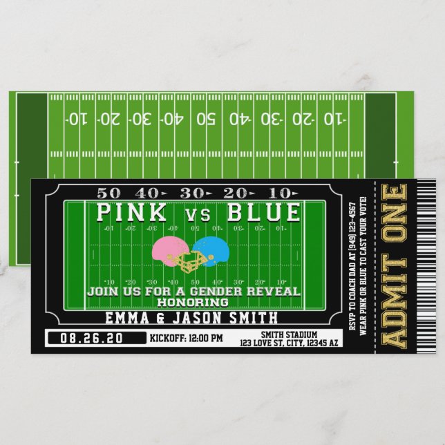 Pink oder Blue Football Ticket Baby Gender Reveal Einladung (Vorne/Hinten)