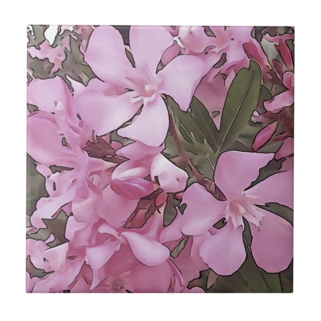 Pink Oleander Rose Laurel Schwarze Kontur Kunst Fliese (Vorderseite)