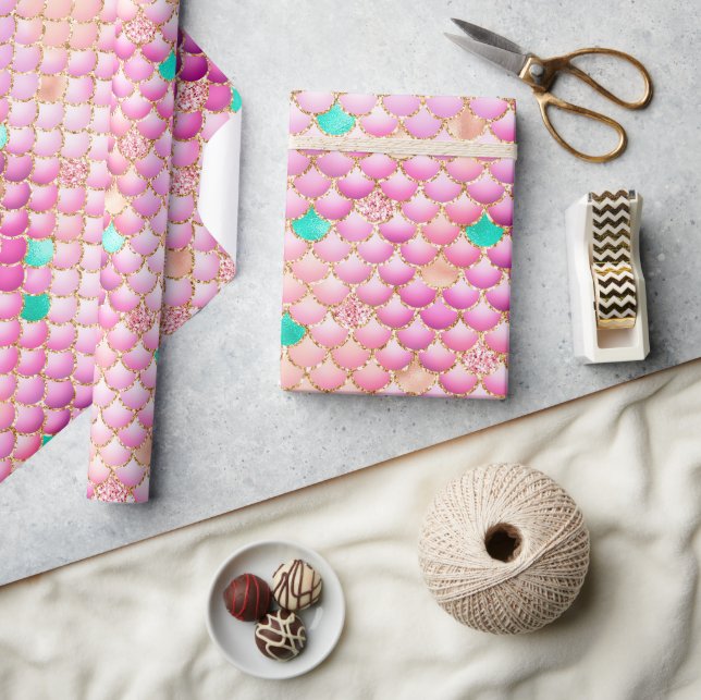 Pink Ombre Foil & Gold Glitzer Mermaid Scales Geschenkpapier (Kunsthandwerk)