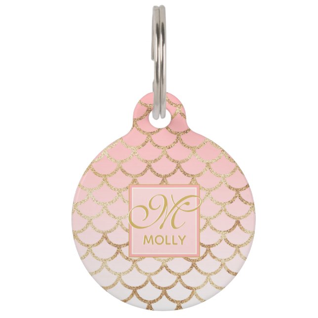 Pink Ombre & Gold Mermaid Muster - Mit Monogramm Haustiermarke (Vorderseite)