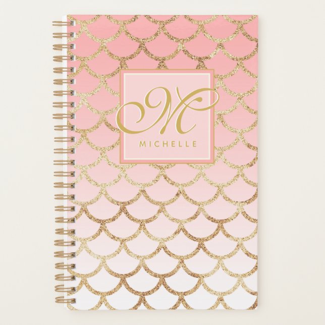 Pink Ombre Gold Mermaid & Script Monogram Planer (Vorderseite)