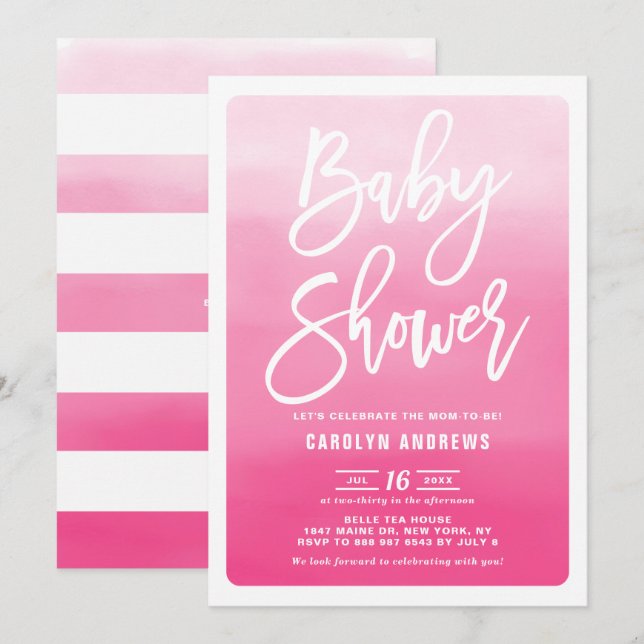 Pink Ombre Moderne Kalligrafie Kinderdusche Einladung (Vorne/Hinten)