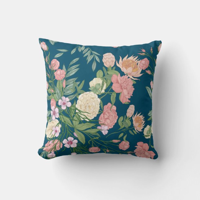 Pink on Blue Turquoise Spring Flower Show Coussin  (Recto)