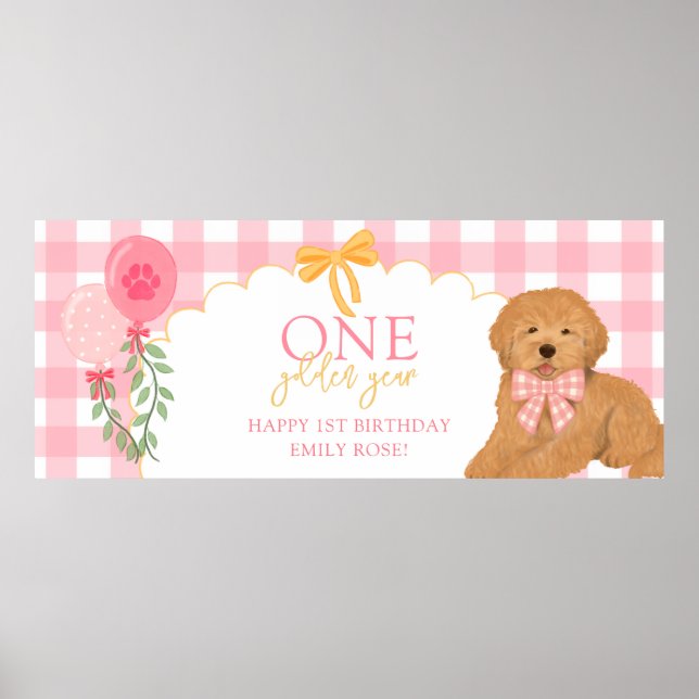 Pink One Golden Year Goldendoodle Dog 1st Birthday Poster (Vorne)