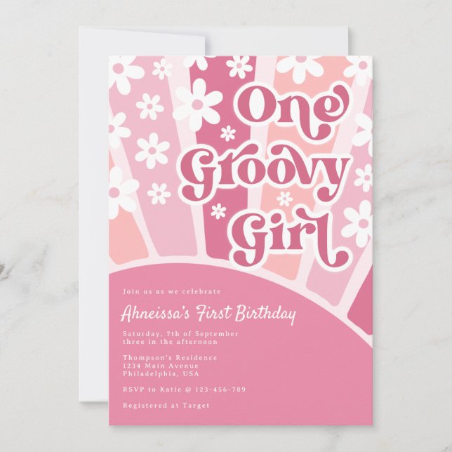 Pink One Groovy Girl Retro Rainbow Erster Geburtst Einladung (Vorderseite)