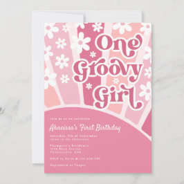 Pink One Groovy Girl Retro Rainbow Erster Geburtst Einladung