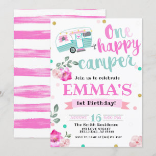Pink One Happy Camper Wasserfarbe 1. Geburtstag Einladung