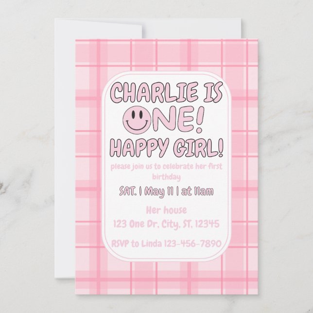 Pink One Happy Girl anniversaire Invitation (Devant)