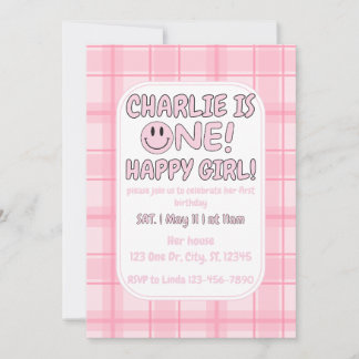Pink One Happy Girl Geburtstag Einladung
