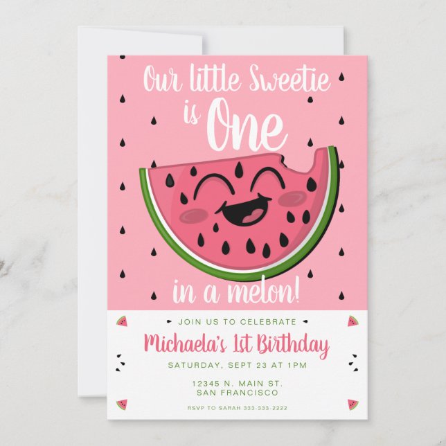 Pink One in a Melon Watermelon Girl's 1st Birthday Einladung (Vorderseite)