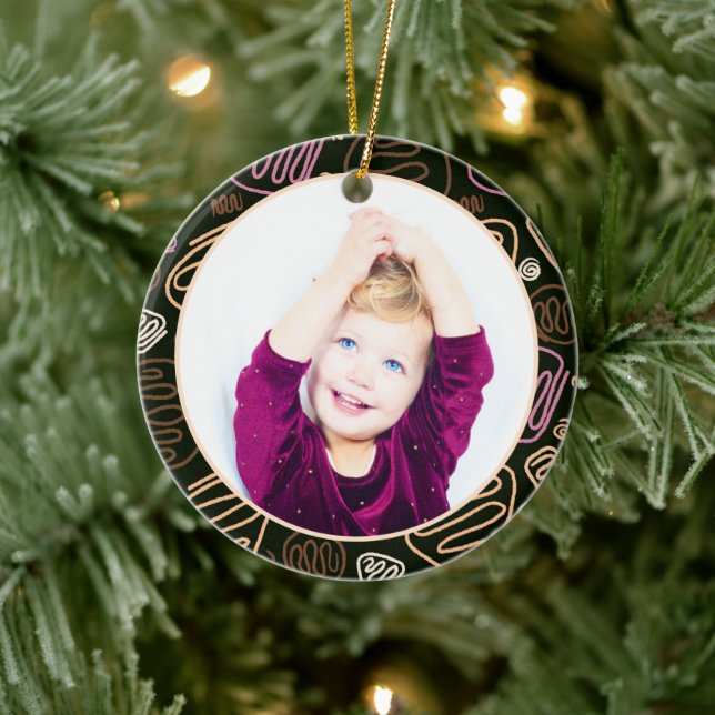 Pink One Line Art Frohe Weihnachten Familie Foto Keramik Ornament (Baum)