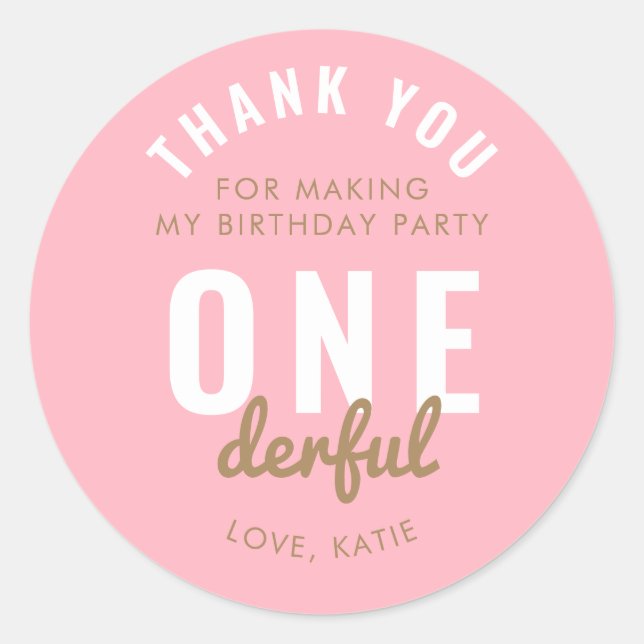 Pink ONEderful Birthday Round Aufkleber (Vorderseite)
