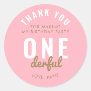 Pink ONEderful Birthday Round Aufkleber