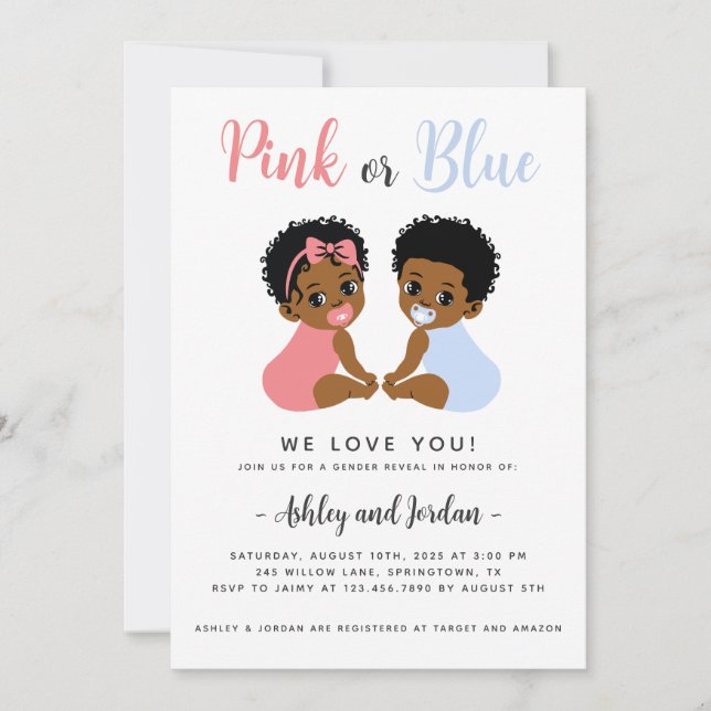 Pink or Blue Genre Reveal Invitation Bébés noirs (Devant)
