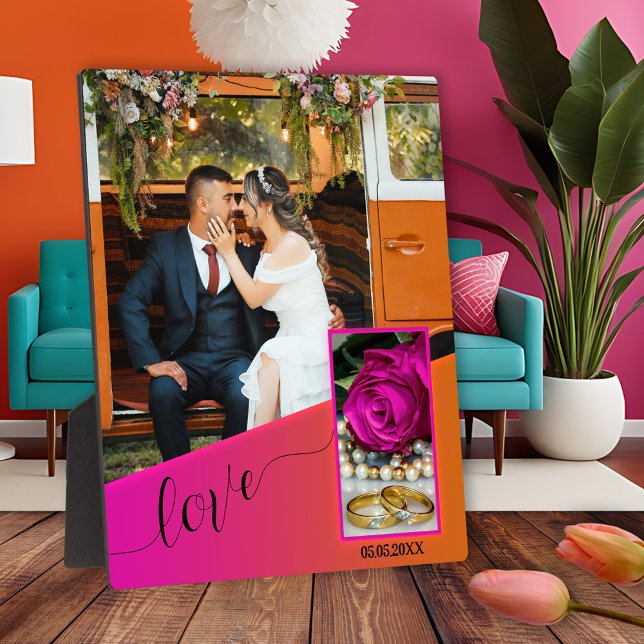 Pink Orange Boho Hippie Wedding Foto Plaque Fotoplatte (Photo plaque featuring your photos on a fuchsia pink and orange design with a script love text)