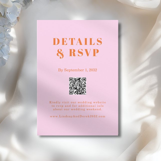 Pink Orange Bold Font QR Code Wedding RSVP  Begleitkarte (Pink Orange Bold Font QR Code Wedding RSVP Enclosure Card)